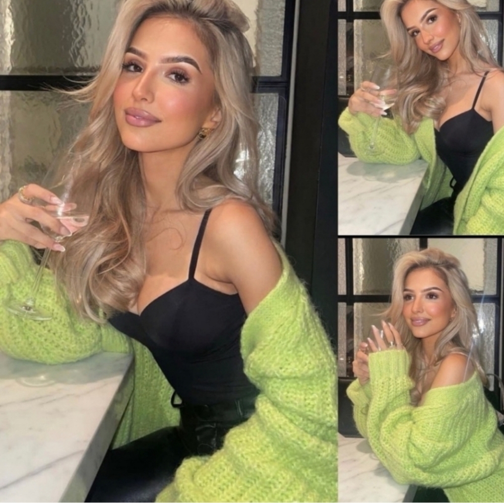 Zara Lime Green Chunky Knit Cardigan with Black Camisole Styling